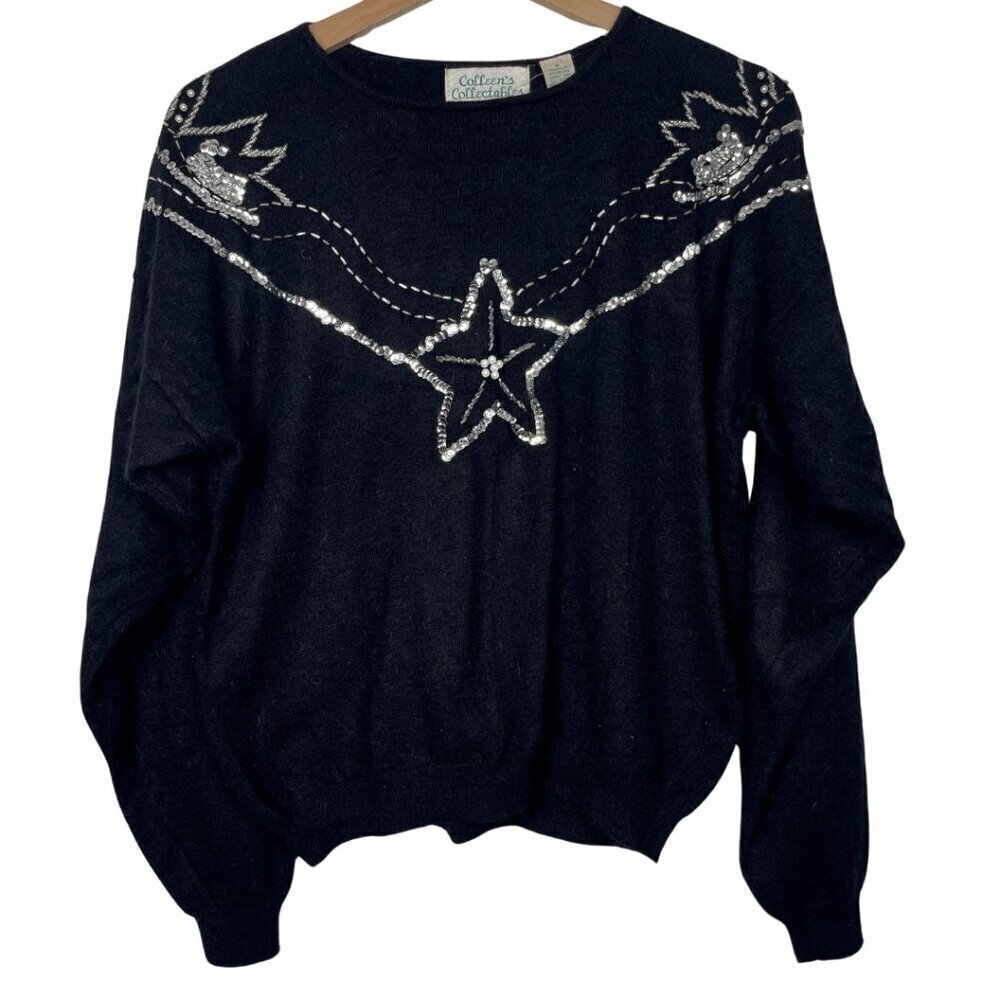 Vintage 80s Angora Rabbit Hair Sweater with Rhinestone and Sequin Embellishments